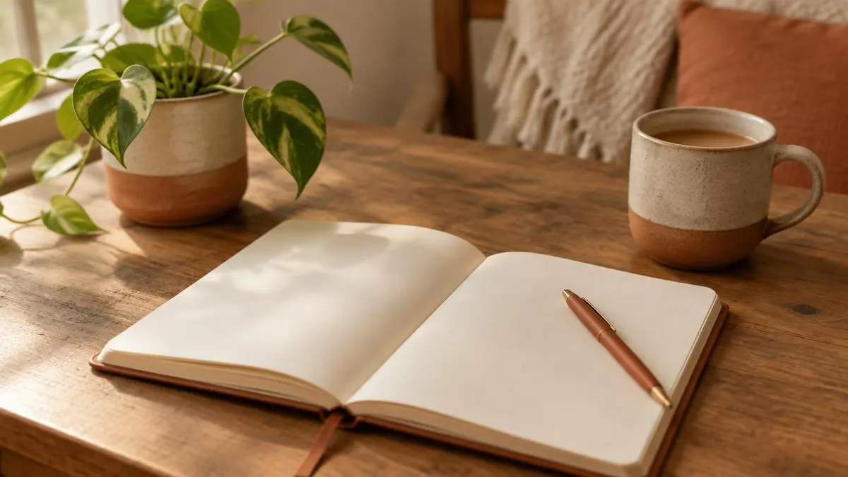 Caderno aberto com caneta ao lado de uma xícara de chá sobre mesa de madeira