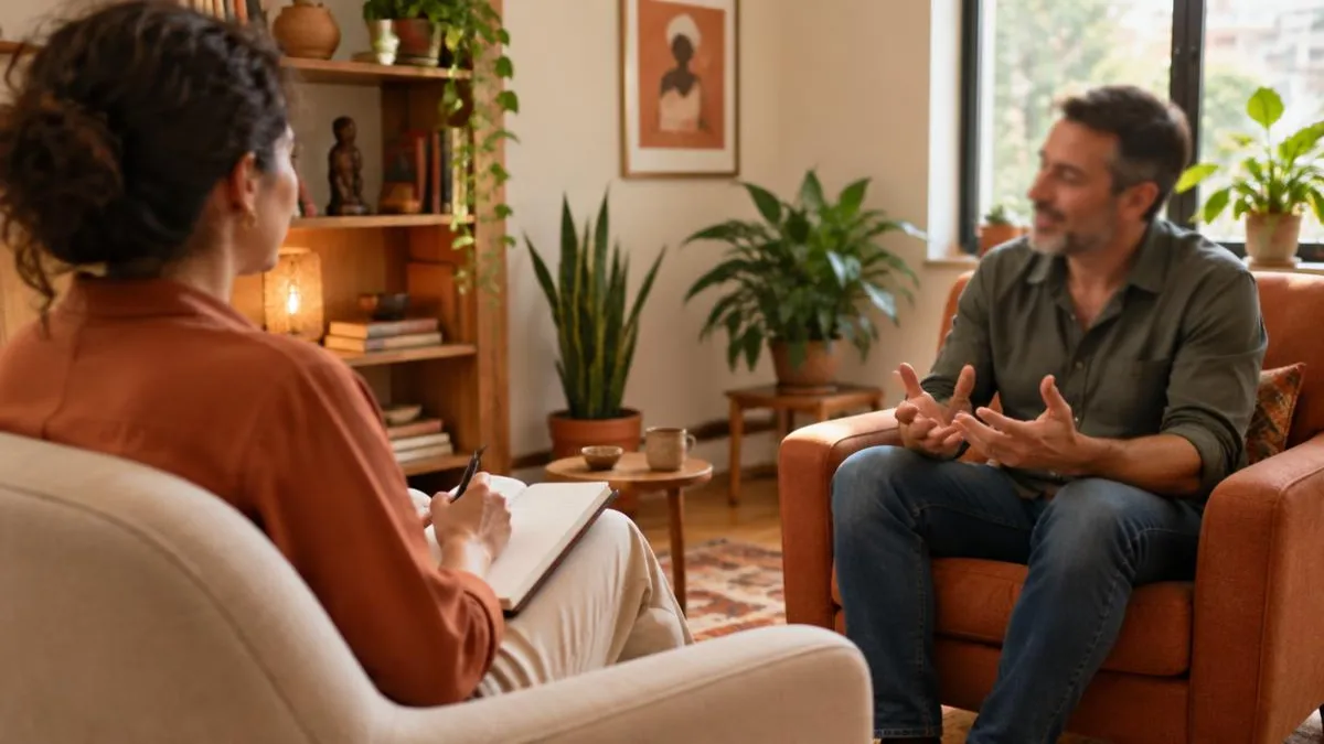 Sessão de psicoterapia em consultório acolhedor, com psicóloga ouvindo um paciente