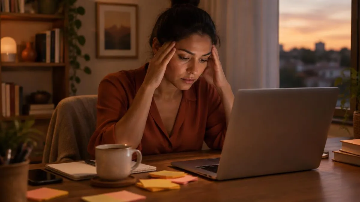 Mulher cansada em frente ao notebook, com as mãos nas têmporas, ao fim do dia