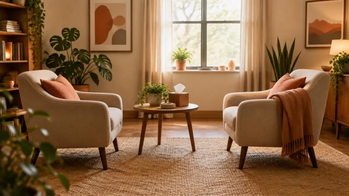 Duas poltronas confortáveis em consultório acolhedor com plantas e luz natural